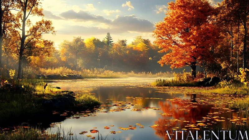 Autumn forest lake with golden foliage and calm reflections.