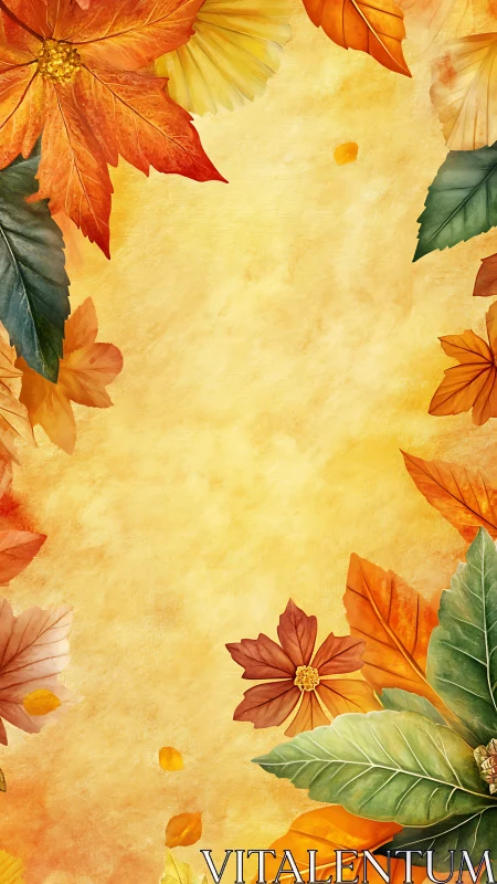 Autumn foliage frame with warm textured watercolor background.