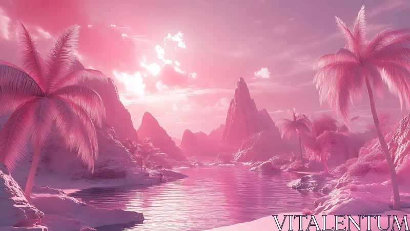 Pink alien landscape with palm trees and crystalline rock formations