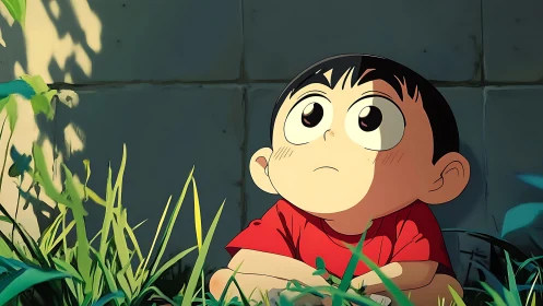 Curious child in sunlit grass with soft anime shading.