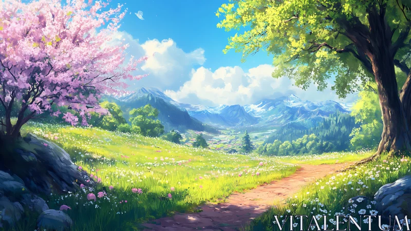 Sunlit spring path winding toward quiet mountain valley.