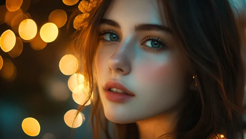 Digital portrait of young woman with bokeh lights background.