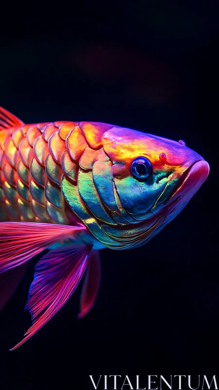 Neon arowana fish glows against deep black aquatic void
