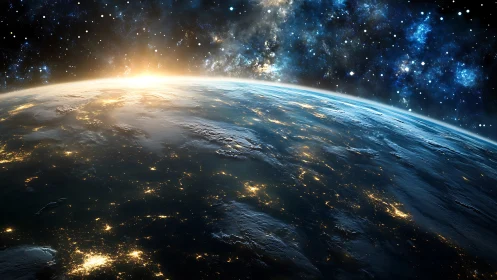 Earth horizon sunrise over city lights and starfield vista.