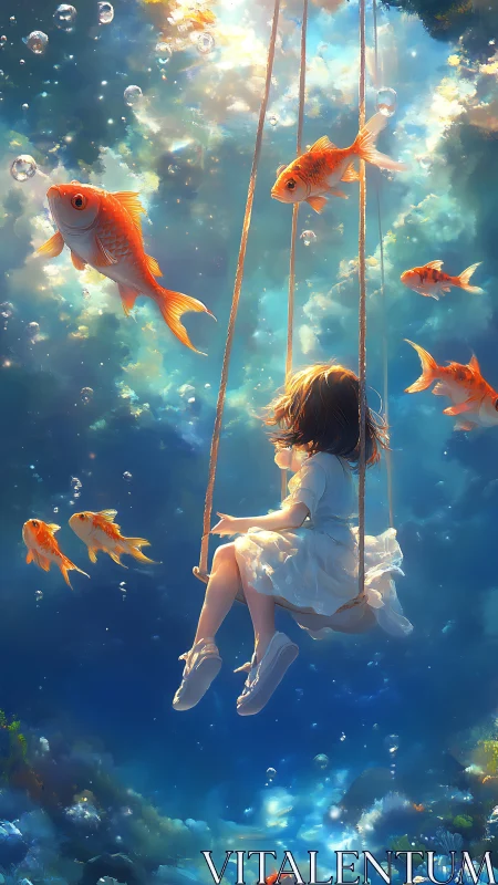 Dreamy underwater swing drifts with curious golden fish