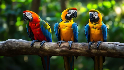 Three Colorful Parrots on a Branch in Vibrant Nature Photography.