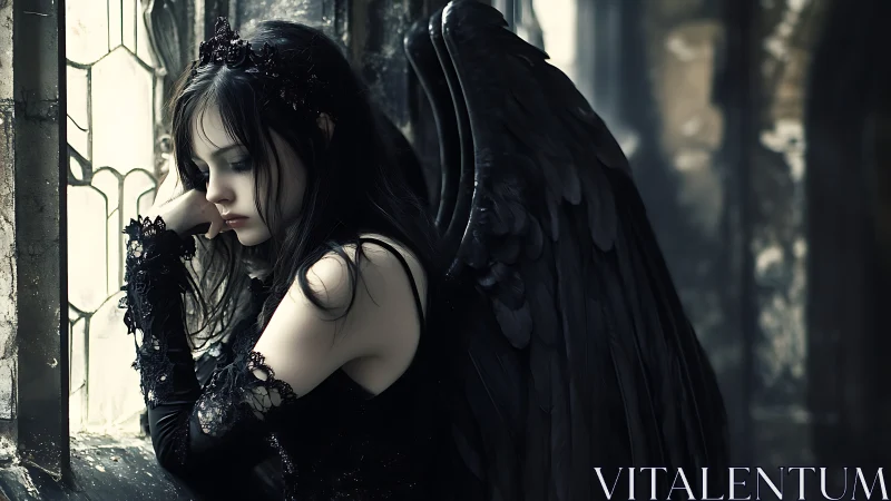 Melancholic dark angel resting by an old stone window
