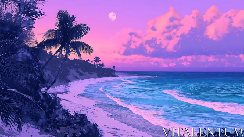 Chromatic tropical shoreline under lunar-illuminated dusk sky.