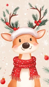 Cartoon reindeer portrait with festive botanical antlers.