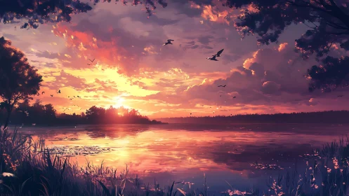 Embercloud sunset gliding over quiet storybook lake.