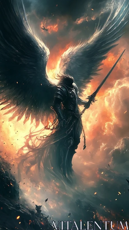 Winged dusk crusader rising through stormlit inferno sky.