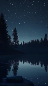 Starlit forest lake rests in deep blue midnight silence