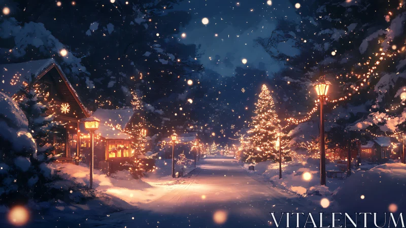 Snowy village street with glowing Christmas lights at night.