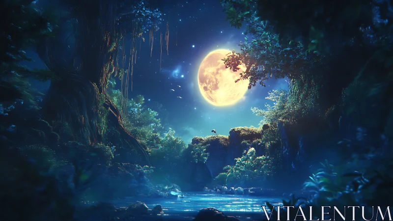 Moonlit forest canyon encircles reflective river under stars