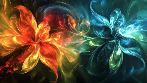 Fiery and icy fractal blooms collide in luminous cosmic space