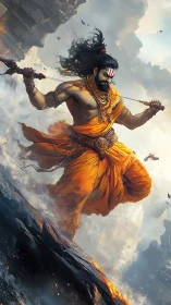 Dynamic warrior saint strides across lava with cinematic chiaroscuro