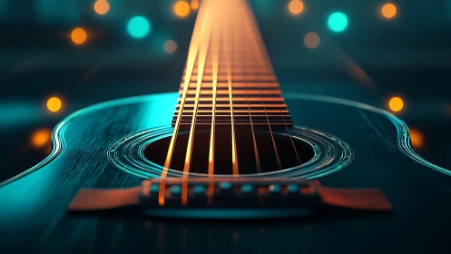 Close view of acoustic guitar strings in vivid concert light.