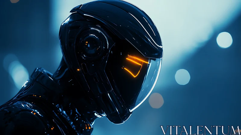 Futuristic android helmet rendered with neon visor highlights