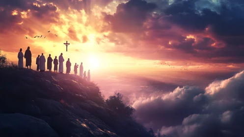 Sunset crucifixion scene above glowing cloud horizon.