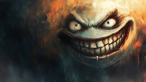 Sinister grinning face with dripping teeth in dark fire.