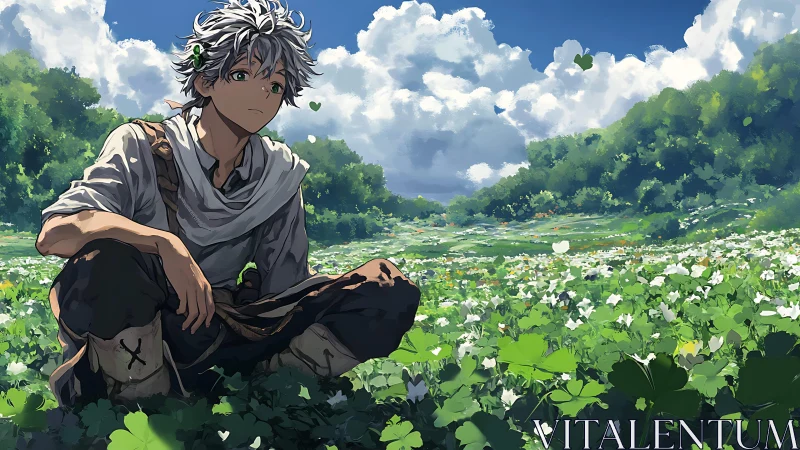 Pensive meadow wanderer resting in a sea of clover clouds.