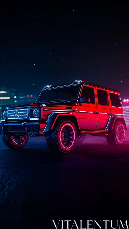 Red off-road SUV stands under neon lighting at night