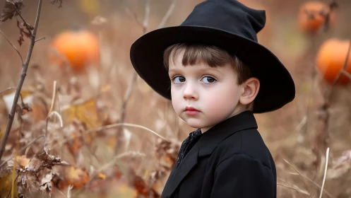 Young Boy in Black Hat Posed Among Autumn Pumpkin Vines