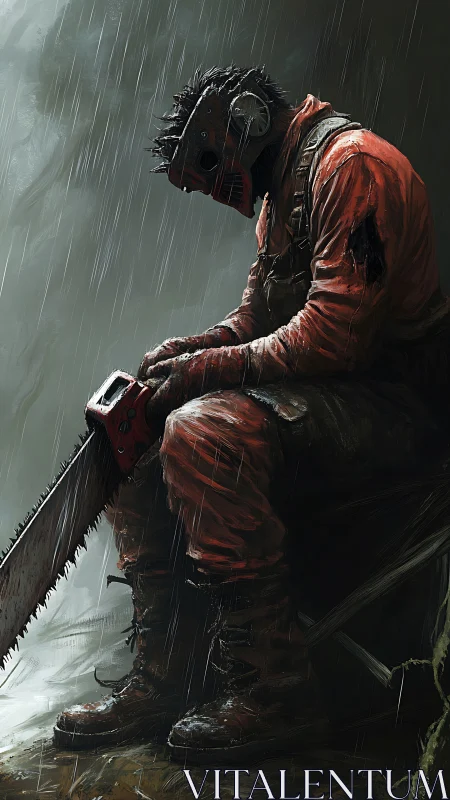 Solitary chainsaw wielder rests in rain-soaked cinematic chiaroscuro