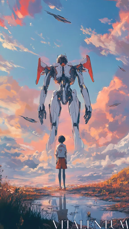 Vertical anime mecha encounter under cinematic sunset sky.