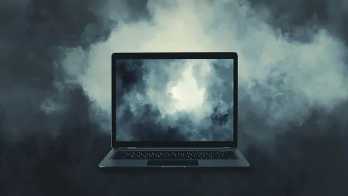 Laptop screen displays dense digital cloud texture in frame