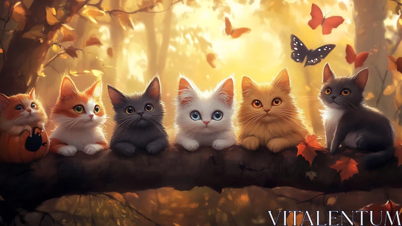 Six Kittens on Log: Digital Illustration with Autumn Lighting.