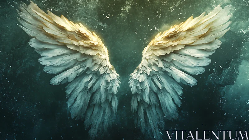 Twin celestial wings unfurl softly against a storm of teal light