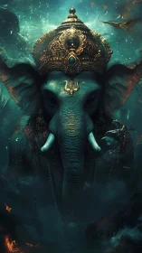 Elephant-headed deity figure with ornate crown underwater.