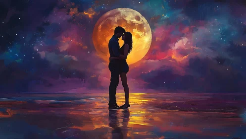 Silhouetted couple embracing against large glowing moon