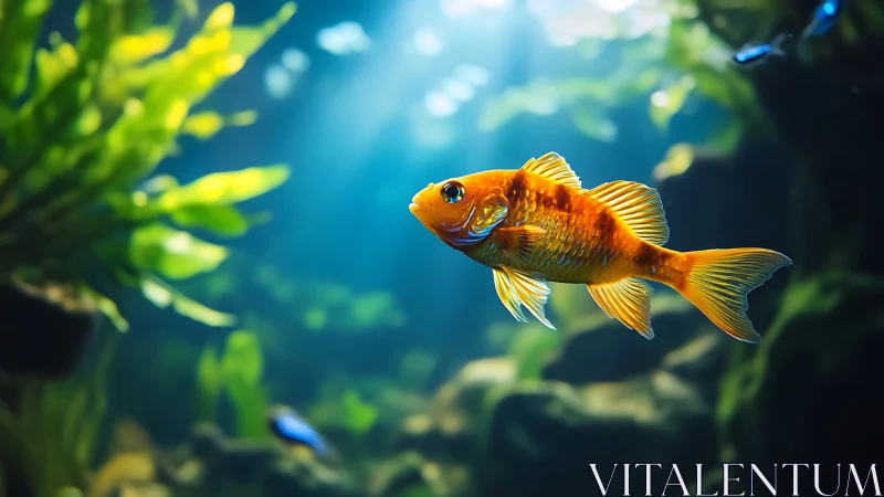 Goldfish swims in clear aquarium with backlit plants
