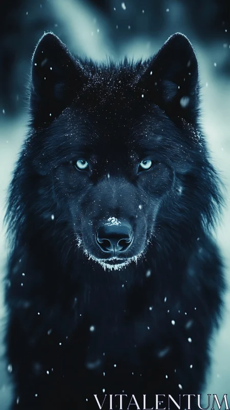 Midnight frost wolf locked in a pale arctic stare.
