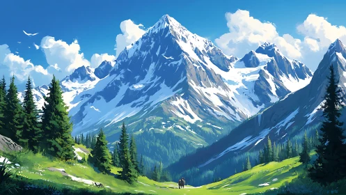 Snow-capped alpine range with hikers under high-contrast midday light