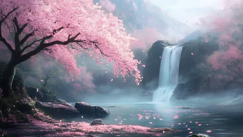 Cherry blossoms frame a waterfall in a misted valley scene