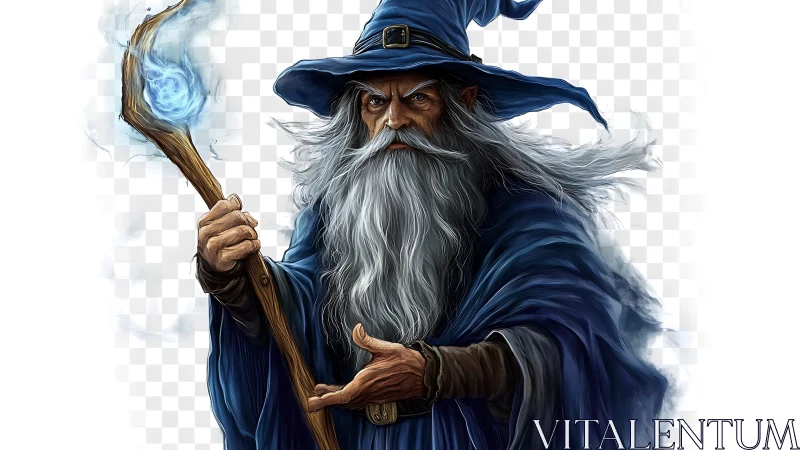 Old grey wizard in blue robes holding glowing magic staff.
