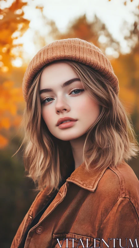 Portrait shows young person in autumn clothing outdoors