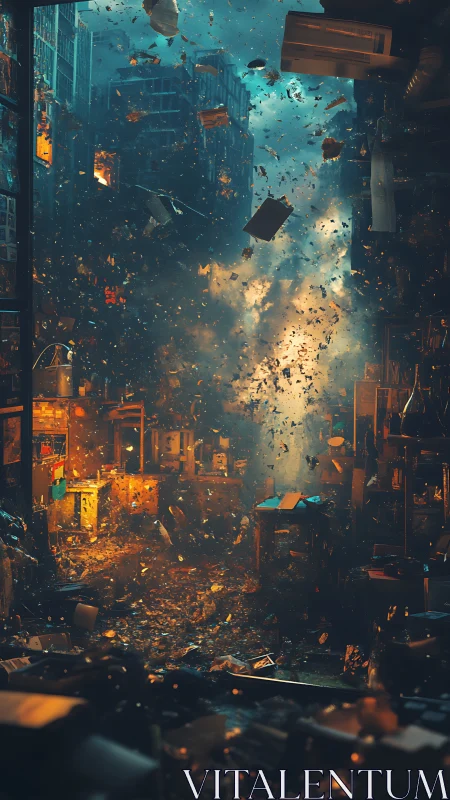 Storm of sparks swirling through a glowing city alley.