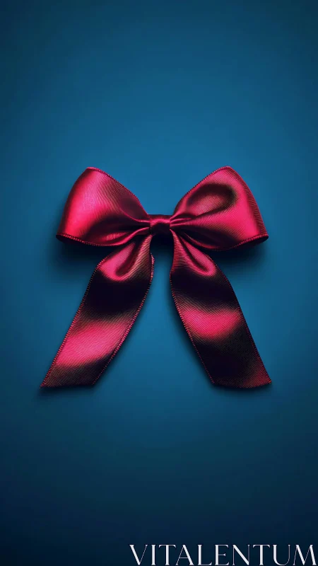 Satin red ribbon bow rests centered on deep teal background