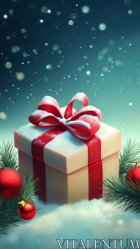 Digital painting of snow-kissed Christmas gift box centerpiece.