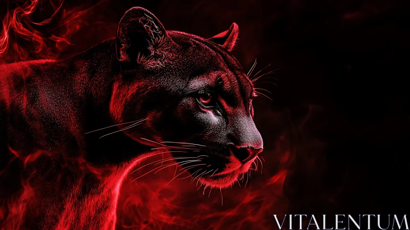 Infernal Feline: Red-Lit Cougar Portrait Against Dark Nebula Background.