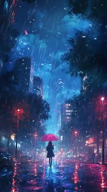 Midnight rain conducts neon dreams around a lone umbrella