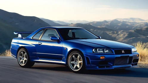 Iconic blue sports coupe shines on winding mountain road.