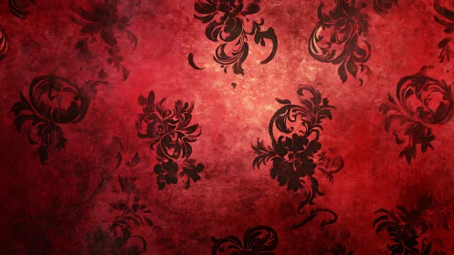 Baroque black floral damask blooms across aged red velvet
