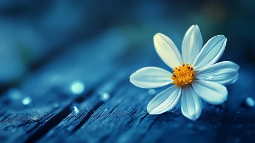 White flower macro on wet blue wooden plank surface.