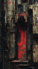 Weathered industrial wall with red mechanical doorway.