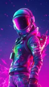 Neon space suited figure stands in vibrant pink blue glow